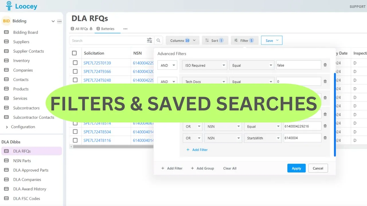 Loocey DLA video tutorial: Loocey Filters and Saved Searches and Views - DLA/Dibbs RFQ Filters